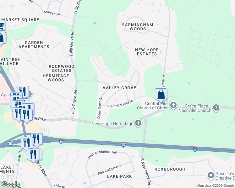 map of restaurants, bars, coffee shops, grocery stores, and more near 4430 Gina Brooke Drive in Nashville