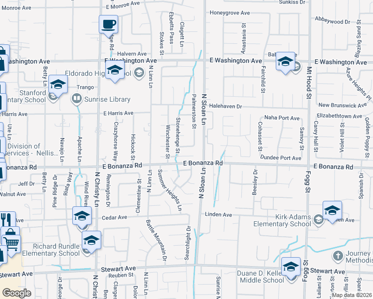 map of restaurants, bars, coffee shops, grocery stores, and more near 5831 Suffolk Ave in Las Vegas