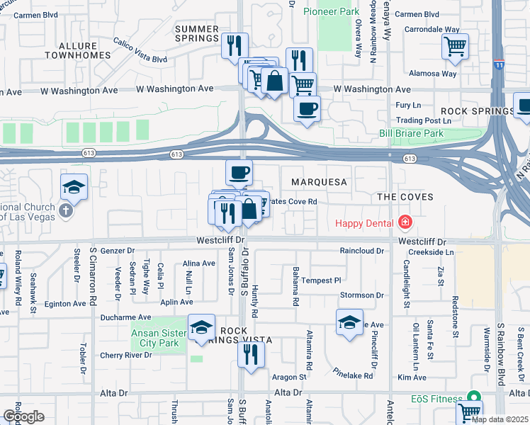 map of restaurants, bars, coffee shops, grocery stores, and more near 7409 West Pirates Cove Road in Las Vegas