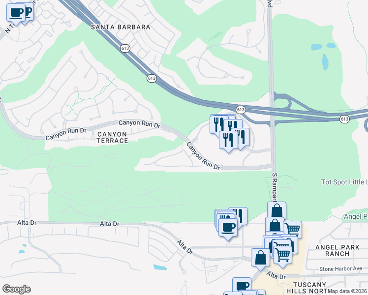 map of restaurants, bars, coffee shops, grocery stores, and more near 9155 Canyon Run Drive in Las Vegas