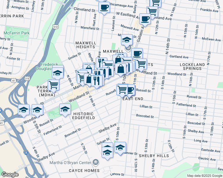 map of restaurants, bars, coffee shops, grocery stores, and more near 934 Woodland Street in Nashville