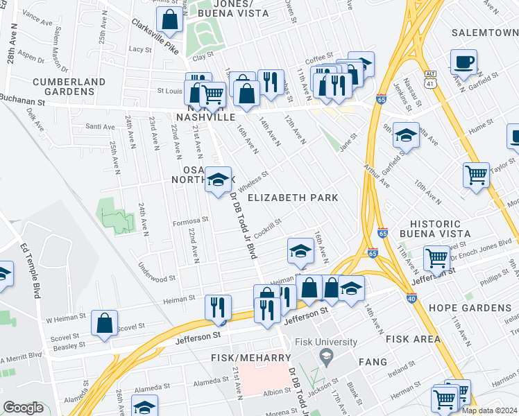 map of restaurants, bars, coffee shops, grocery stores, and more near 1619 17th Avenue North in Nashville