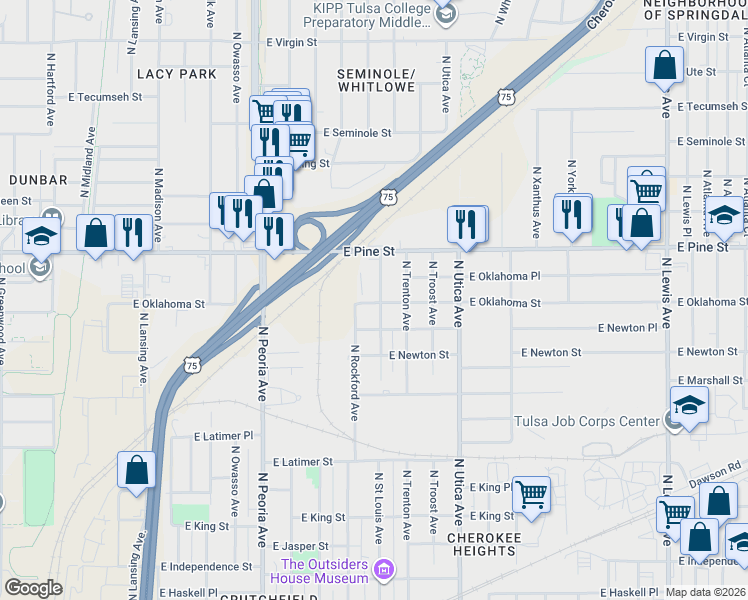map of restaurants, bars, coffee shops, grocery stores, and more near 1345 North Rockford Avenue in Tulsa