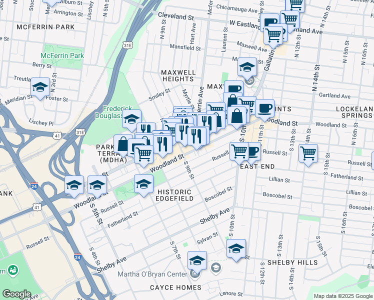 map of restaurants, bars, coffee shops, grocery stores, and more near 826 Main Street in Nashville