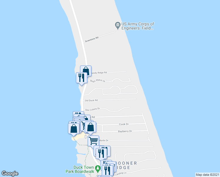 map of restaurants, bars, coffee shops, grocery stores, and more near Barrier Island Station in Duck
