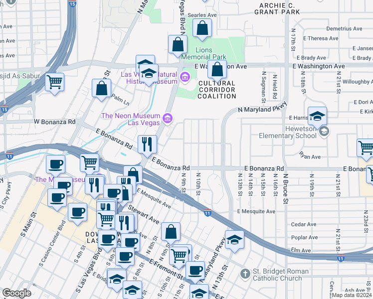 map of restaurants, bars, coffee shops, grocery stores, and more near 634 North 9th Street in Las Vegas