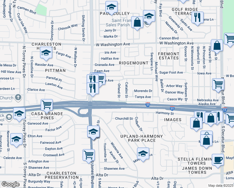 map of restaurants, bars, coffee shops, grocery stores, and more near 201 Orland Street in Las Vegas
