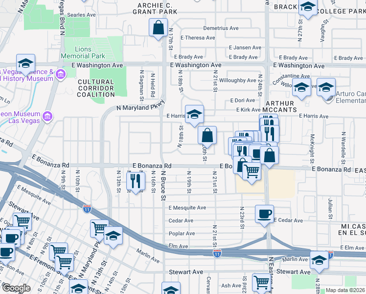 map of restaurants, bars, coffee shops, grocery stores, and more near 628 North 18th Street in Las Vegas