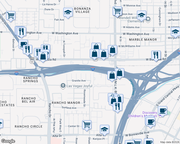 map of restaurants, bars, coffee shops, grocery stores, and more near 11 Shadow Lane in Las Vegas