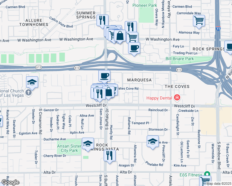 map of restaurants, bars, coffee shops, grocery stores, and more near 7409 West Pirates Cove Road in Las Vegas