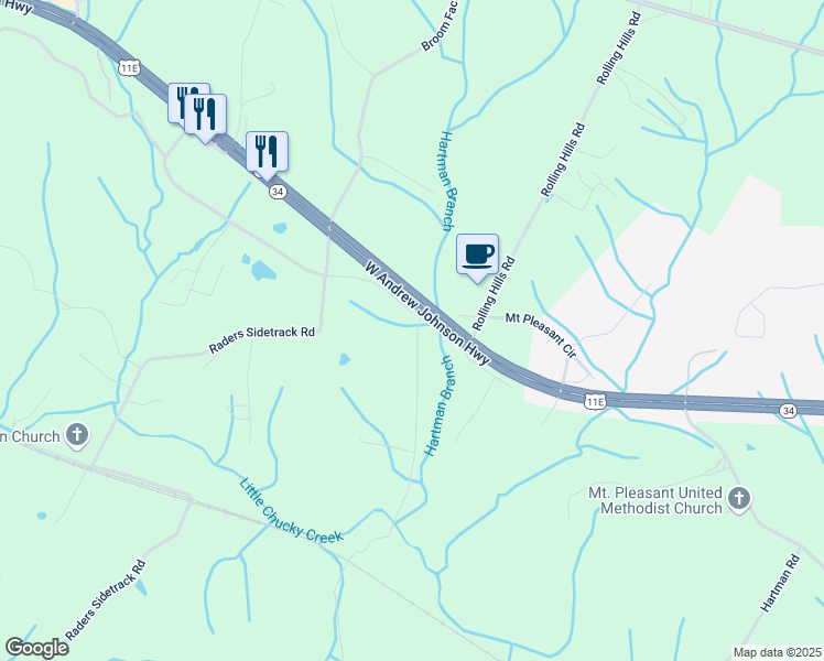 map of restaurants, bars, coffee shops, grocery stores, and more near 42 Myers Acres Lane in Greeneville