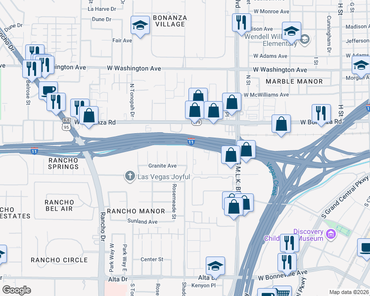 map of restaurants, bars, coffee shops, grocery stores, and more near 11 Shadow Lane in Las Vegas