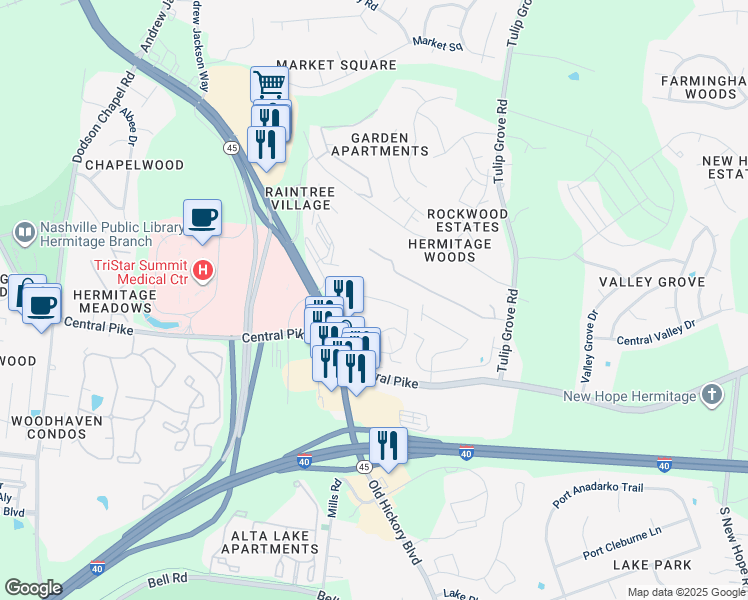map of restaurants, bars, coffee shops, grocery stores, and more near 245 Burning Tree Drive in Nashville