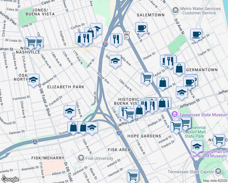 map of restaurants, bars, coffee shops, grocery stores, and more near 1505 Arthur Avenue in Nashville