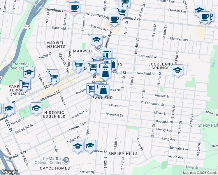 map of restaurants, bars, coffee shops, grocery stores, and more near 1107 Russell Street in Nashville