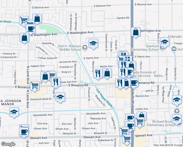 map of restaurants, bars, coffee shops, grocery stores, and more near 700 Marco Street in Las Vegas