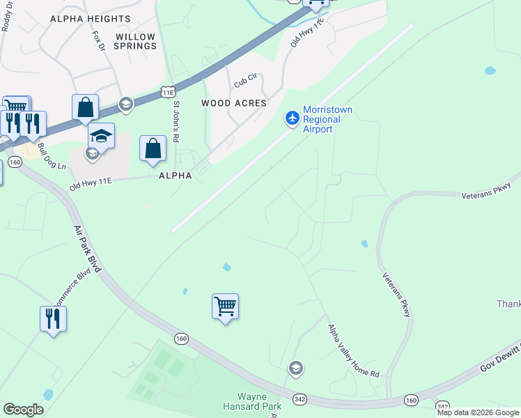 map of restaurants, bars, coffee shops, grocery stores, and more near 450 Alpha Valley Home Road in Morristown