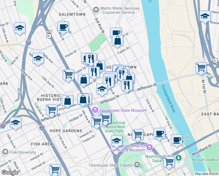 map of restaurants, bars, coffee shops, grocery stores, and more near 1205B 5th Avenue North in Nashville