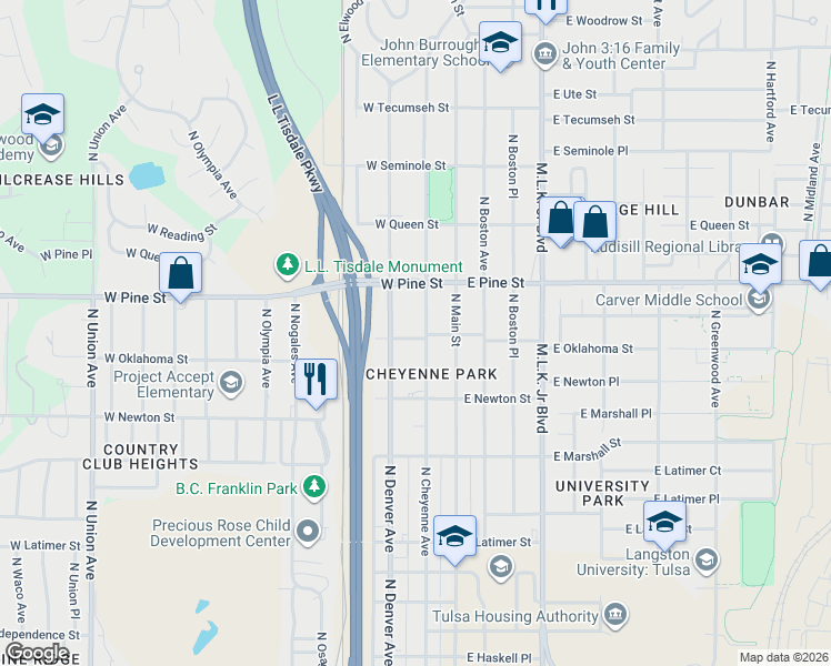 map of restaurants, bars, coffee shops, grocery stores, and more near 207 West Oklahoma Street in Tulsa