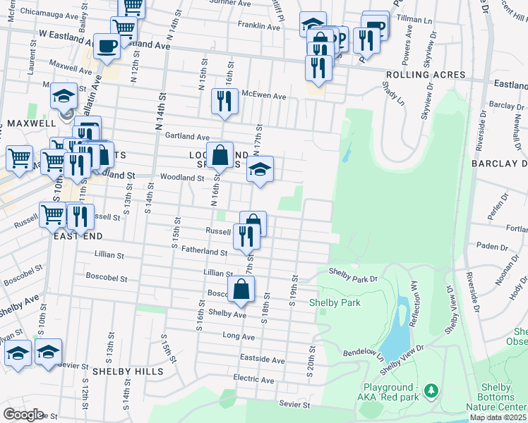 map of restaurants, bars, coffee shops, grocery stores, and more near 1709 Holly Street in Nashville