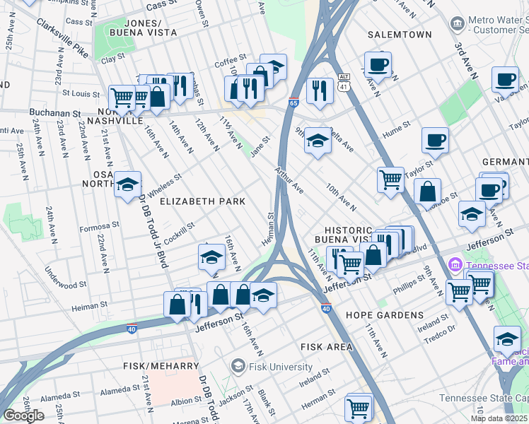 map of restaurants, bars, coffee shops, grocery stores, and more near 1518 12th Avenue North in Nashville