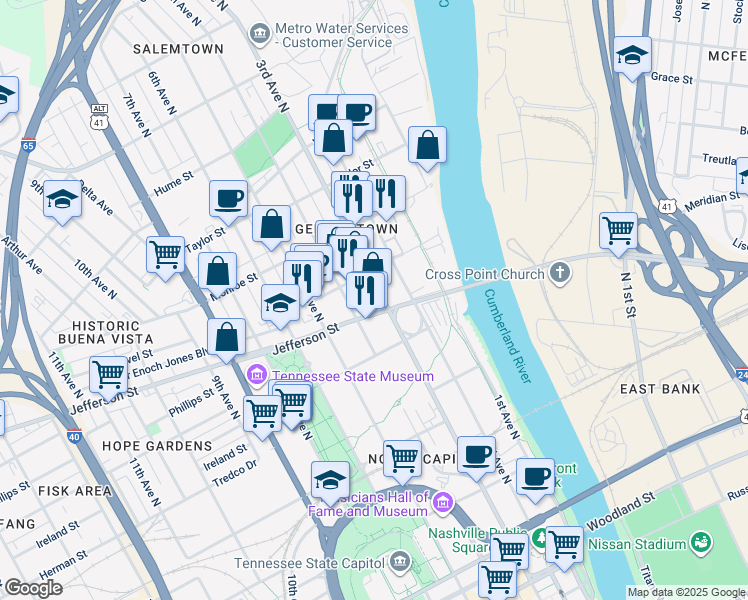 map of restaurants, bars, coffee shops, grocery stores, and more near 1121 3rd Avenue North in Nashville