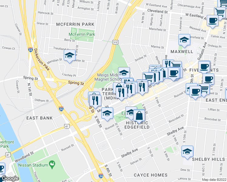 map of restaurants, bars, coffee shops, grocery stores, and more near 196 North 7th Street in Nashville