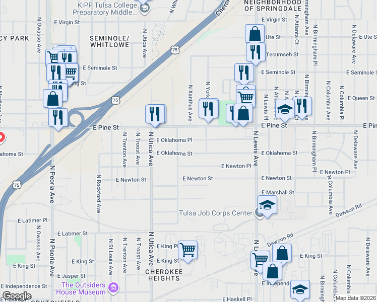 map of restaurants, bars, coffee shops, grocery stores, and more near 1923 East Oklahoma Street in Tulsa