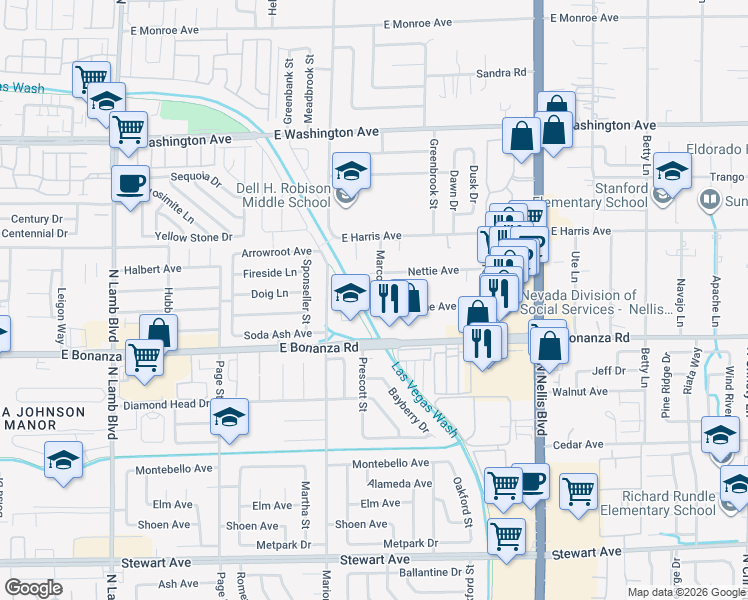 map of restaurants, bars, coffee shops, grocery stores, and more near 700 Marco Street in Las Vegas