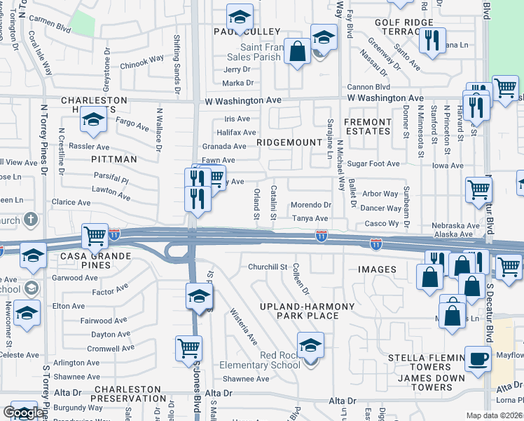 map of restaurants, bars, coffee shops, grocery stores, and more near 204 Orland Street in Las Vegas