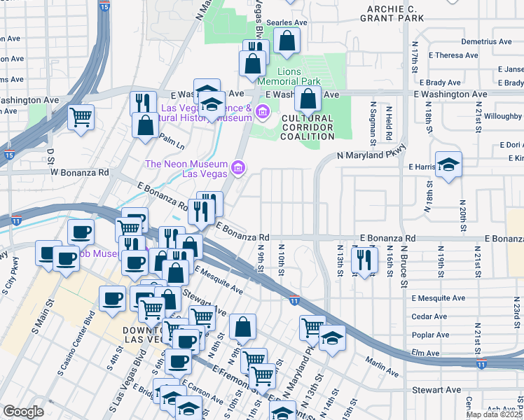 map of restaurants, bars, coffee shops, grocery stores, and more near 634 North 9th Street in Las Vegas