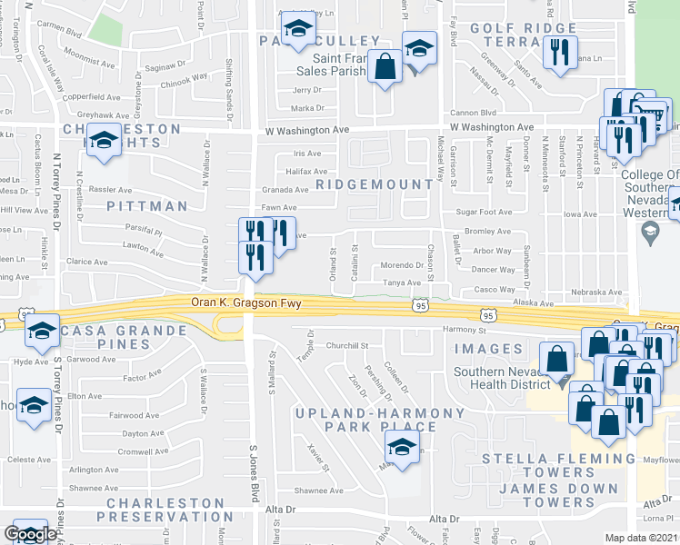 map of restaurants, bars, coffee shops, grocery stores, and more near 209 Catalini Street in Las Vegas