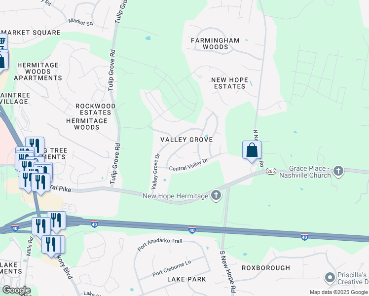 map of restaurants, bars, coffee shops, grocery stores, and more near 4430 Gina Brooke Drive in Nashville