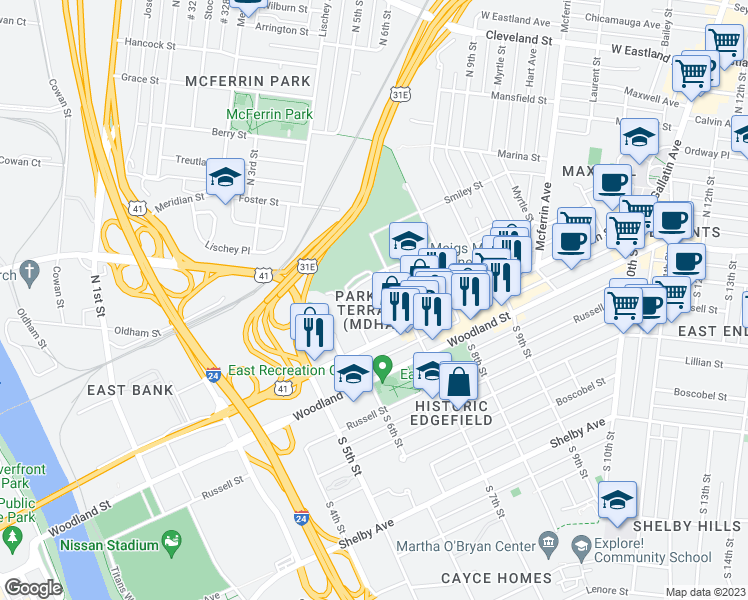 map of restaurants, bars, coffee shops, grocery stores, and more near 196 North 7th Street in Nashville