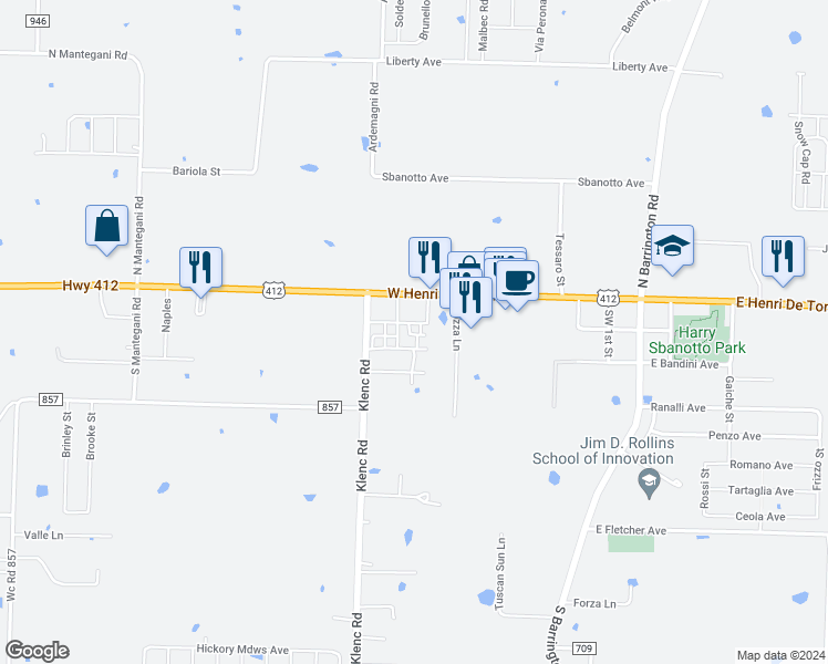 map of restaurants, bars, coffee shops, grocery stores, and more near 220 Pozza Lane in Springdale