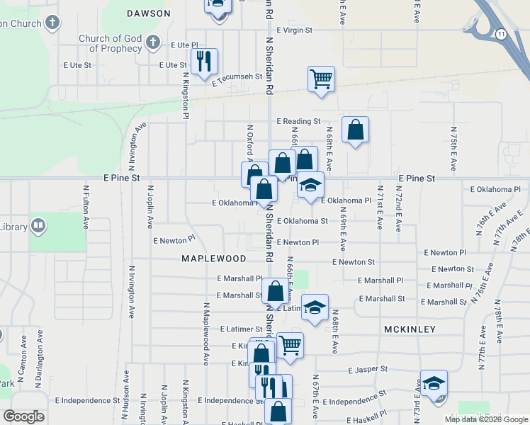 map of restaurants, bars, coffee shops, grocery stores, and more near 1418 North Sheridan Road in Tulsa
