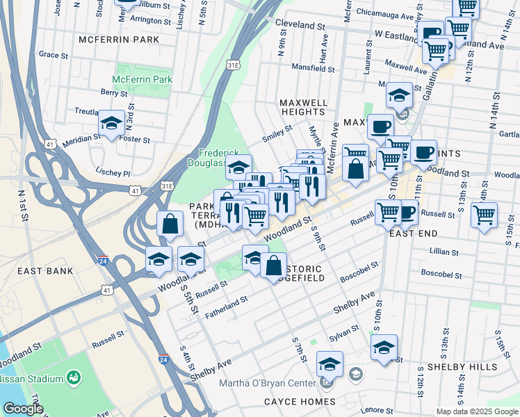 map of restaurants, bars, coffee shops, grocery stores, and more near 715 Main Street in Nashville