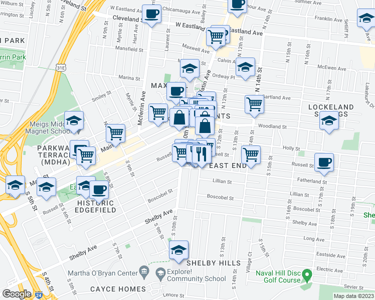 map of restaurants, bars, coffee shops, grocery stores, and more near 1004 Russell Street in Nashville