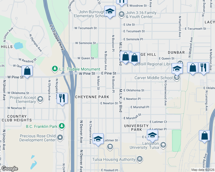 map of restaurants, bars, coffee shops, grocery stores, and more near 1407 North Boston Avenue in Tulsa