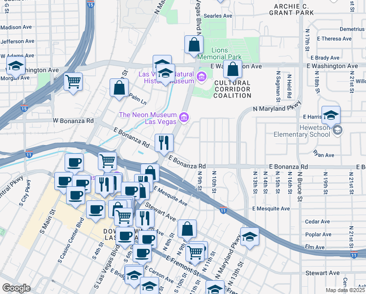 map of restaurants, bars, coffee shops, grocery stores, and more near 610 North Encanto Drive in Las Vegas