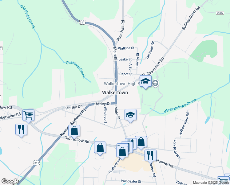 map of restaurants, bars, coffee shops, grocery stores, and more near in Walkertown