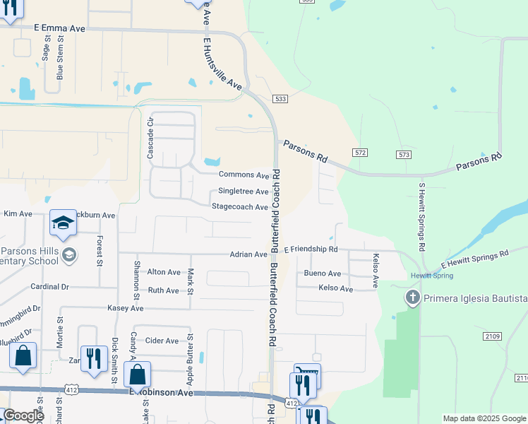 map of restaurants, bars, coffee shops, grocery stores, and more near 3243 Stagecoach Avenue in Springdale