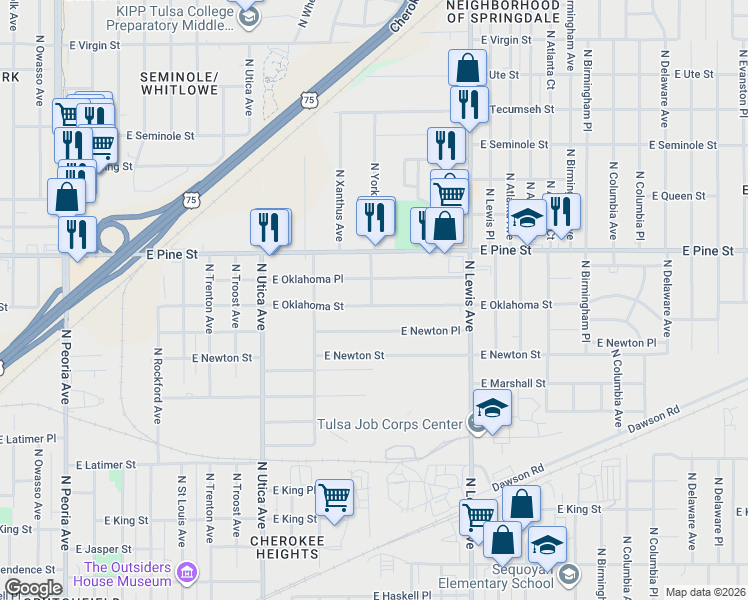 map of restaurants, bars, coffee shops, grocery stores, and more near 2101 East Oklahoma Street in Tulsa