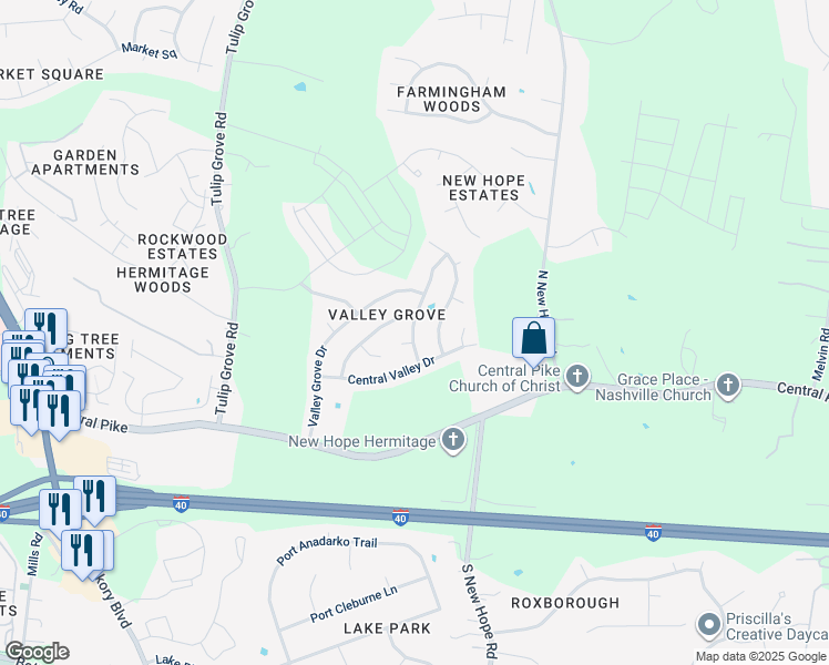 map of restaurants, bars, coffee shops, grocery stores, and more near 4518 Brooke Valley Drive in Nashville