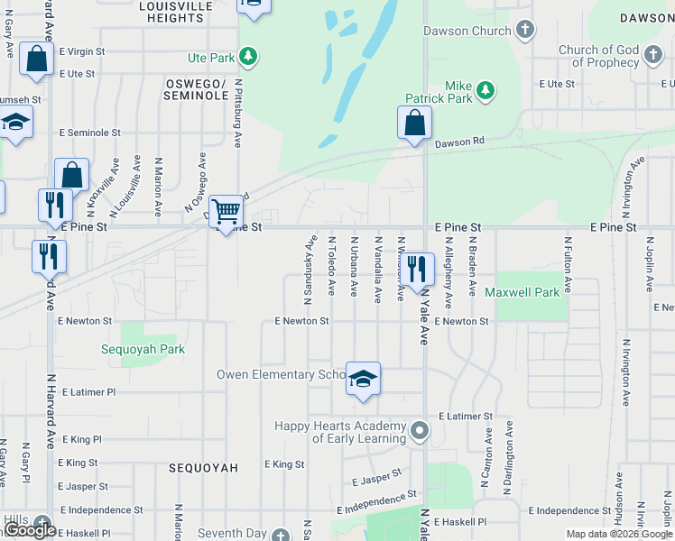 map of restaurants, bars, coffee shops, grocery stores, and more near 1403 N Toledo Ave in Tulsa