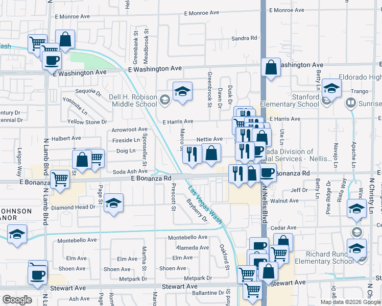 map of restaurants, bars, coffee shops, grocery stores, and more near 4848 Irene Avenue in Las Vegas