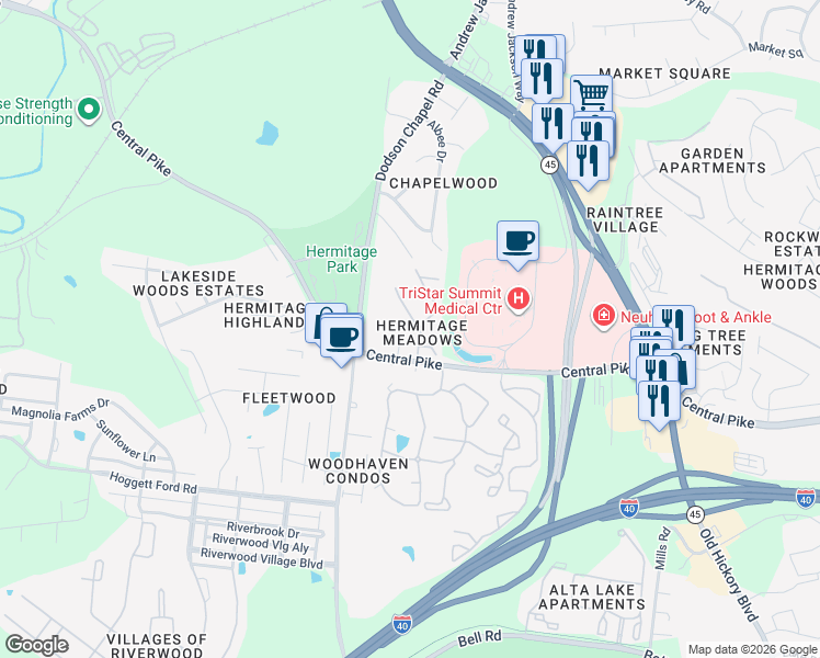 map of restaurants, bars, coffee shops, grocery stores, and more near 136 Thistle Lane in Nashville