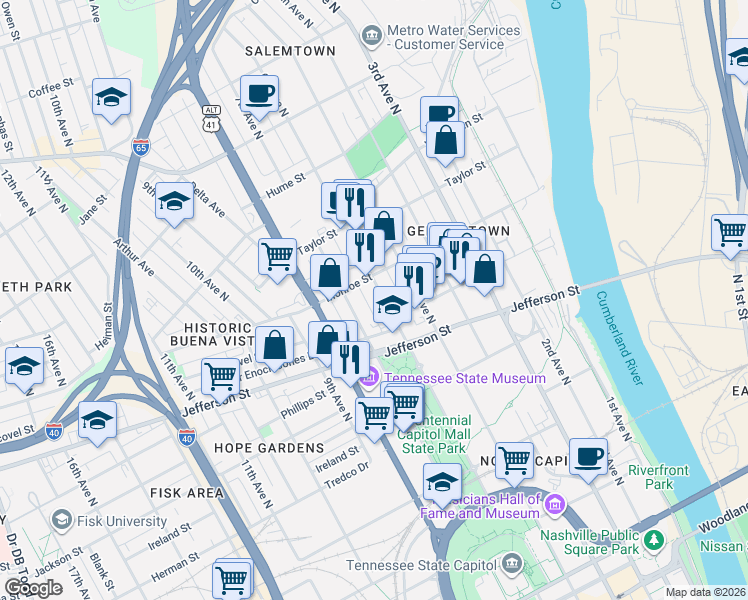 map of restaurants, bars, coffee shops, grocery stores, and more near 1225 6th Avenue North in Nashville