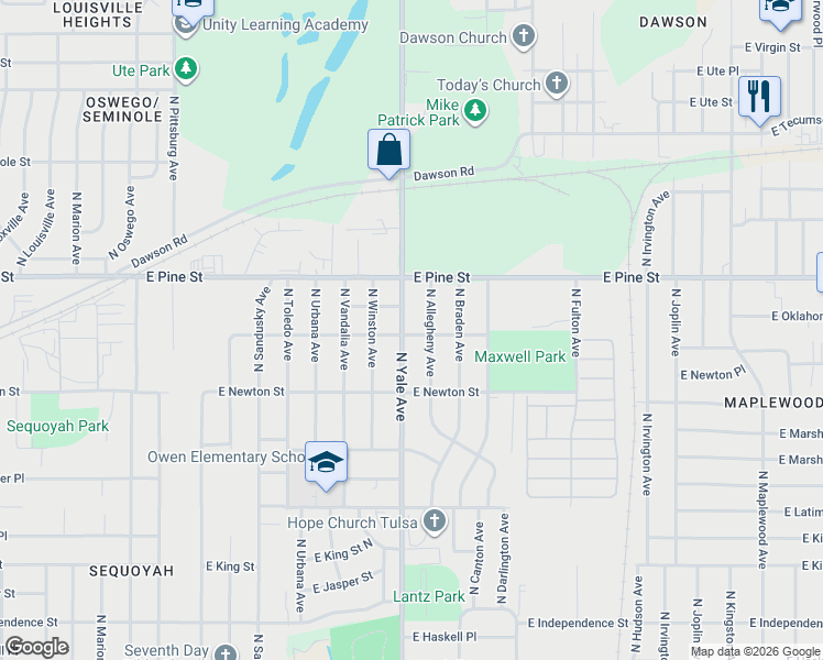 map of restaurants, bars, coffee shops, grocery stores, and more near 1401 North Yale Avenue in Tulsa