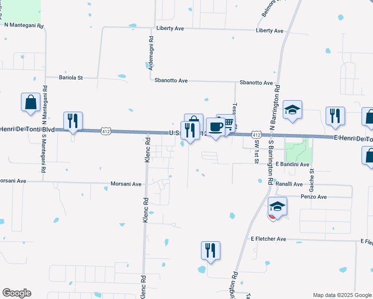 map of restaurants, bars, coffee shops, grocery stores, and more near 220 Pozza Lane in Springdale